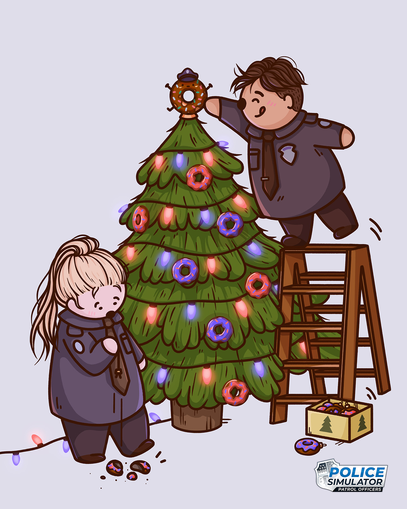 Two Police Officers are decorating a Christmas tree Illustration