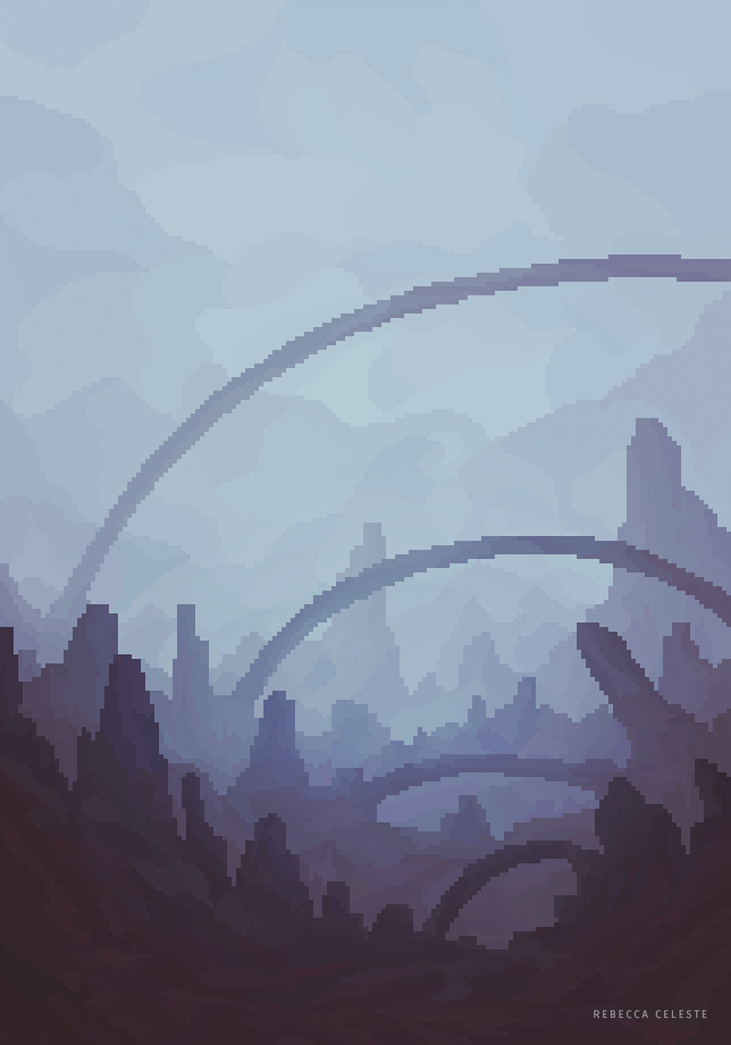 Landscape with big arcs in Pixel Art Style