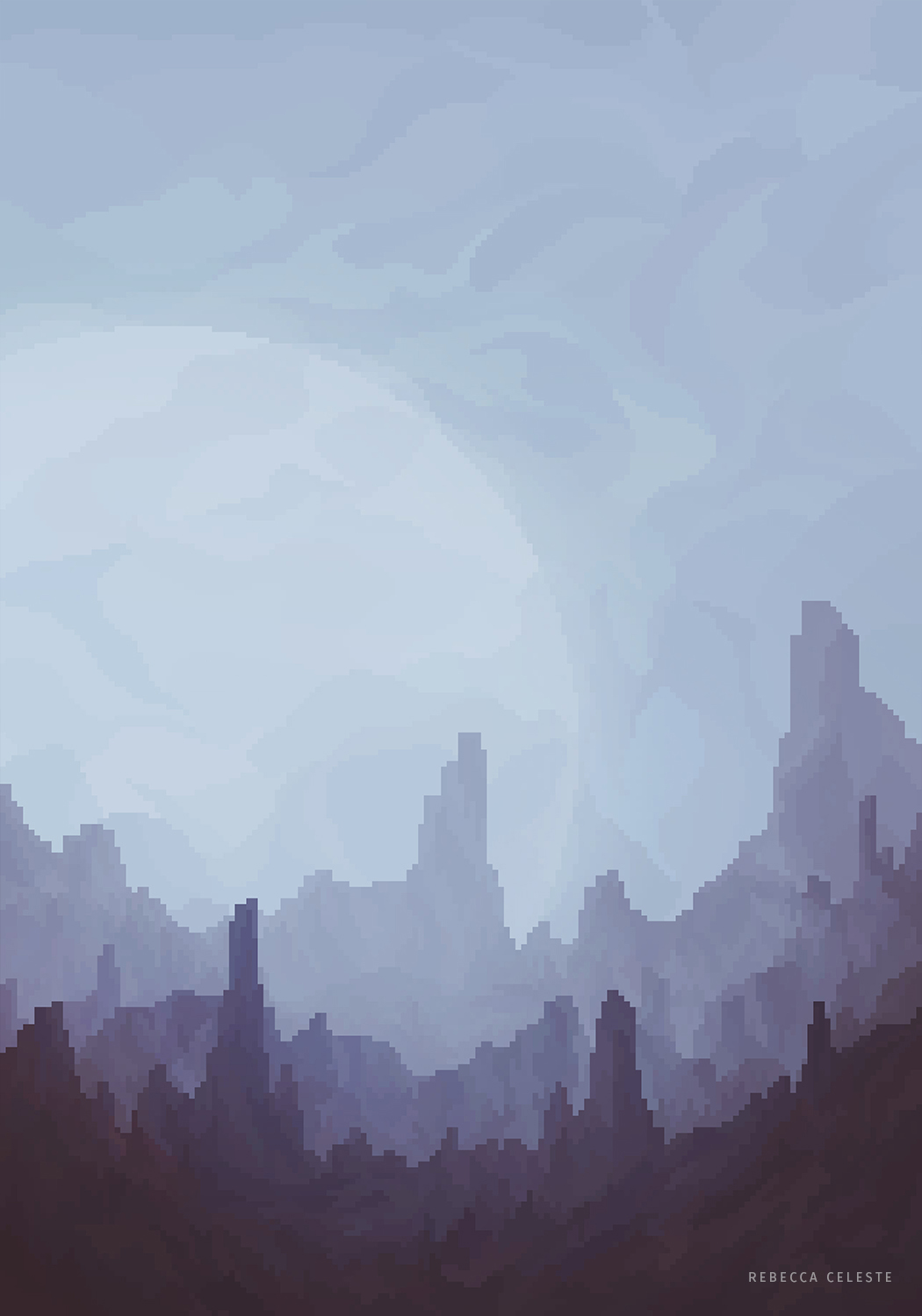 Landscape in Pixel Art Style with a giant moon